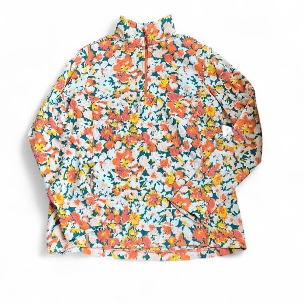 Lands End fleece quarter zip pullover coral yellow teal floral print medium